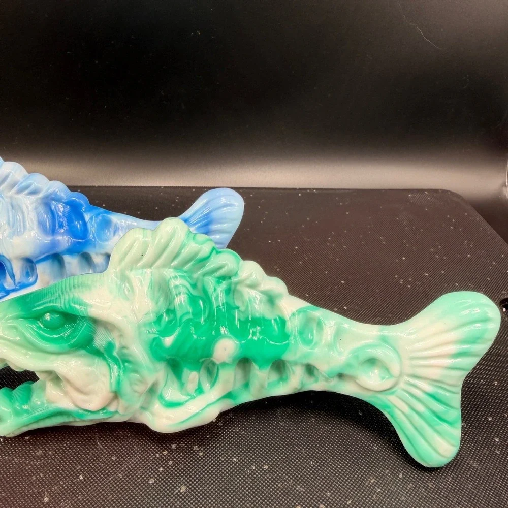 Hand Crafted Resin Fish Skeleton Figurines Blue Green Marbled Art Decor Set of 2